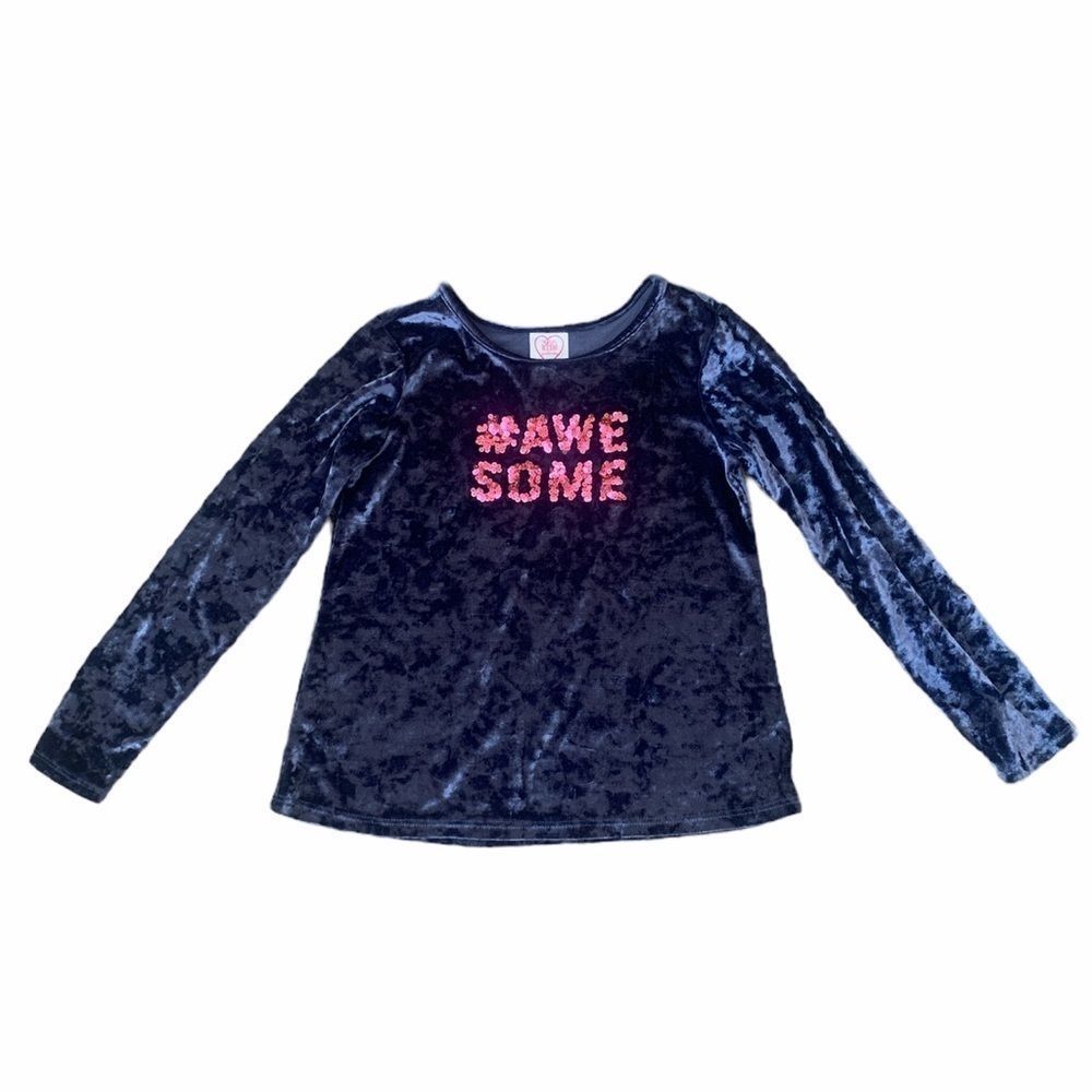 365 Kids Girls 6 Blue Crushed Velvet #Awesome Pink Sequined Long Sleeved Shirt